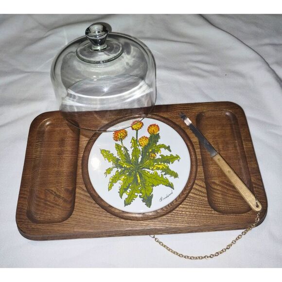 Vintage Goodwood Teak Dandelion, Knife, Glass Cloche Cheese Cracker Charcuterie0 - Picture 2 of 5